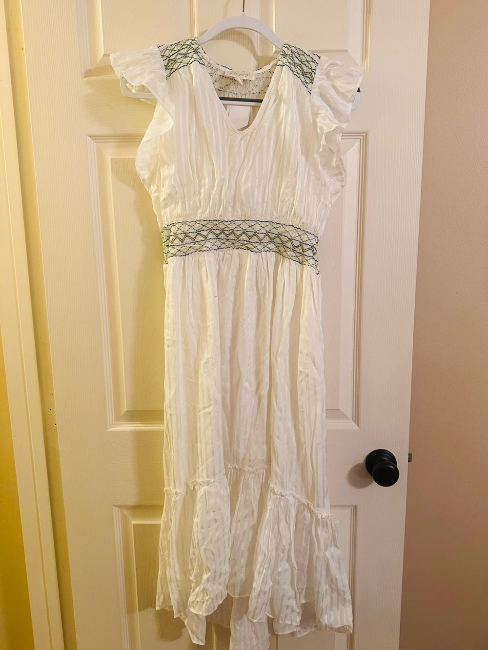 À la Plage White Maxi Babydoll Sun Dress with Smocked Detail Beach Dress Medium